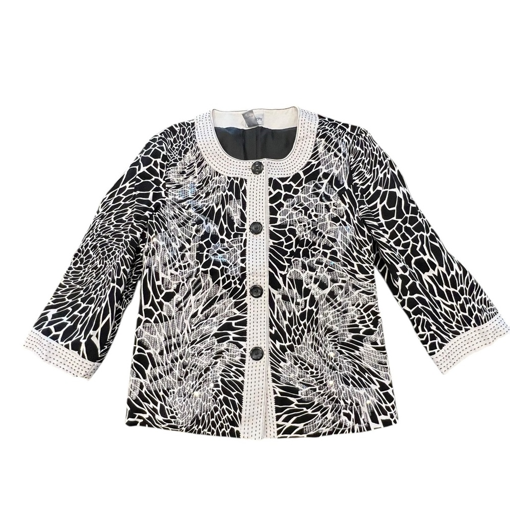 Chico's 1 Medium Black‎ White Jacket Blazer Geometric Office Career Art Sequins